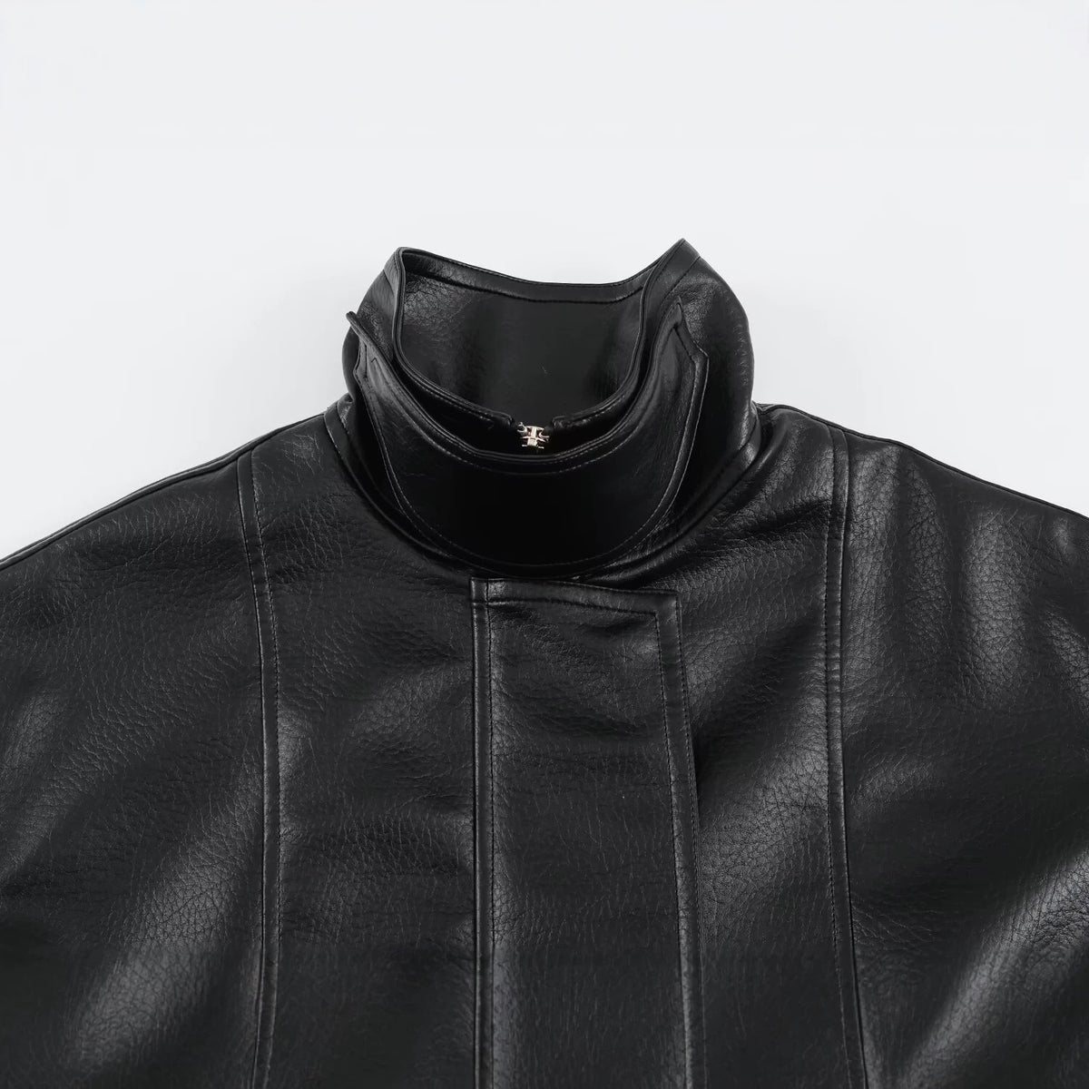 Pocket decoration zipper stand up collar leather effect jacket