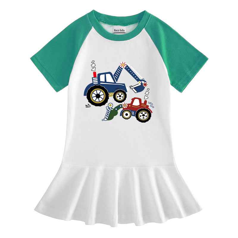 Girls' Cartoon Print Dress – Casual Short Sleeve.