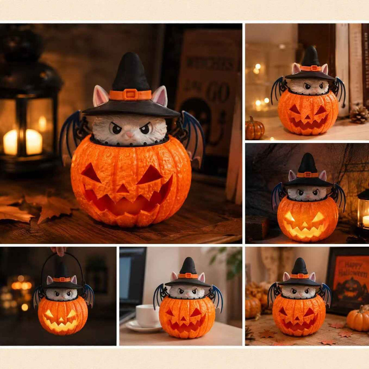 Halloween 3D Printed LED Desk Lamp | Cat Pumpkin Bat.