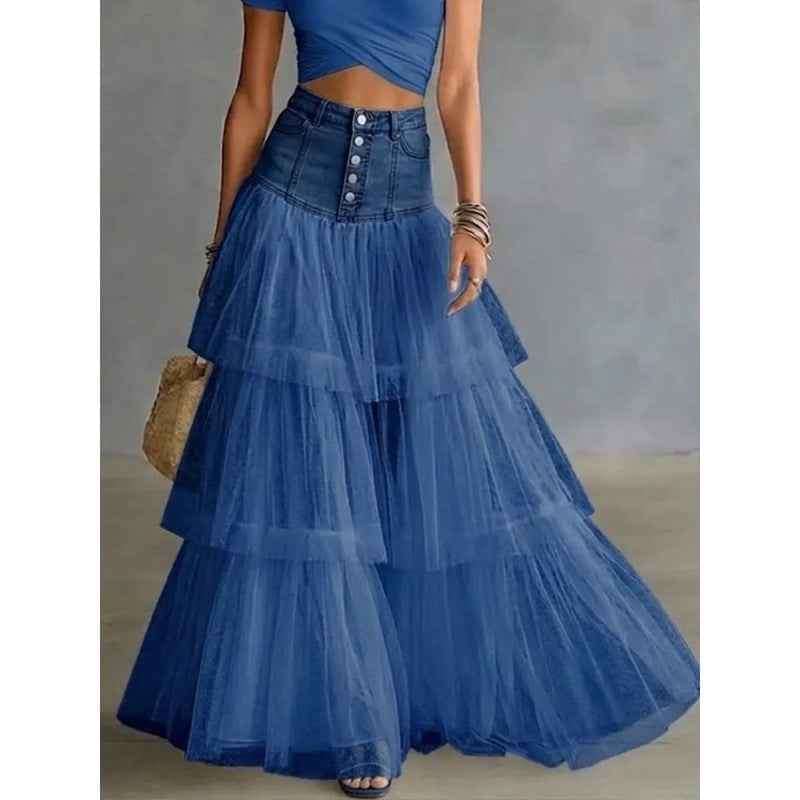 Women's Denim Patchwork Mesh Swing Skirt.