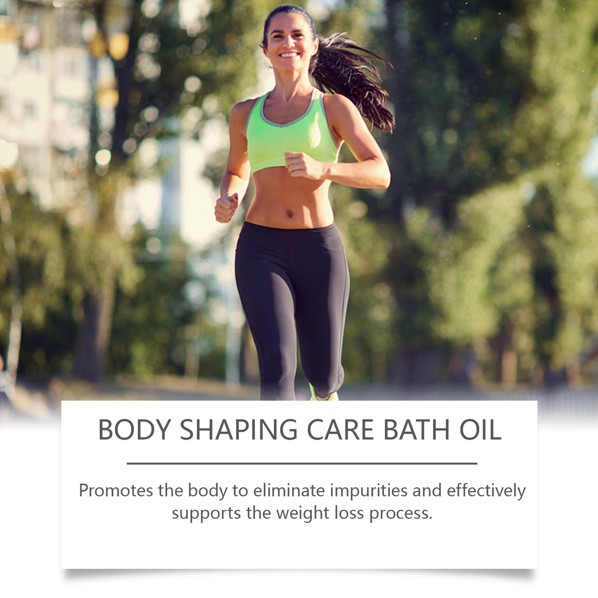 OceAura Body Shower Oil Gentle Body Massage shown beside a white box, with a woman jogging outdoors in green sportswear