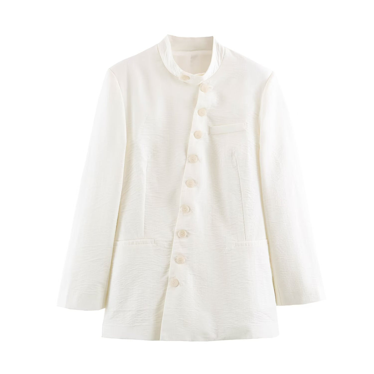 Asymmetric double breasted standing collar long sleeved suit jacket for women