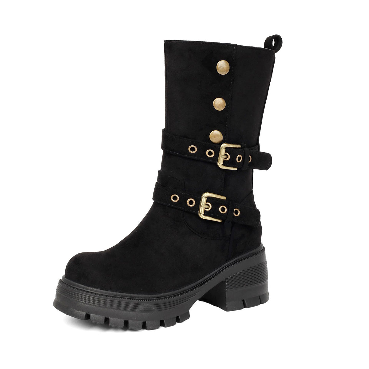 Women's Thick Sole High Heel Ankle Boots with Belt Buckle.