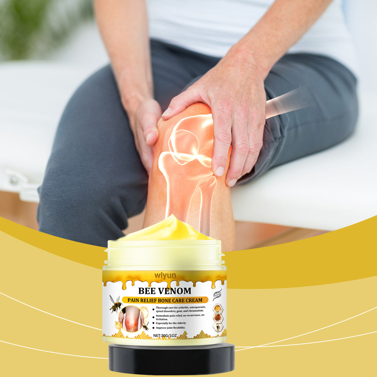 Wiyun Joint Relief Cream in a yellow jar with a black base, shown against a knee-focused scene with a glowing joint graphic