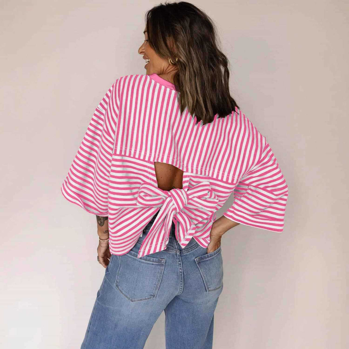 Women's Striped Back Bow Tie Pullover Top.