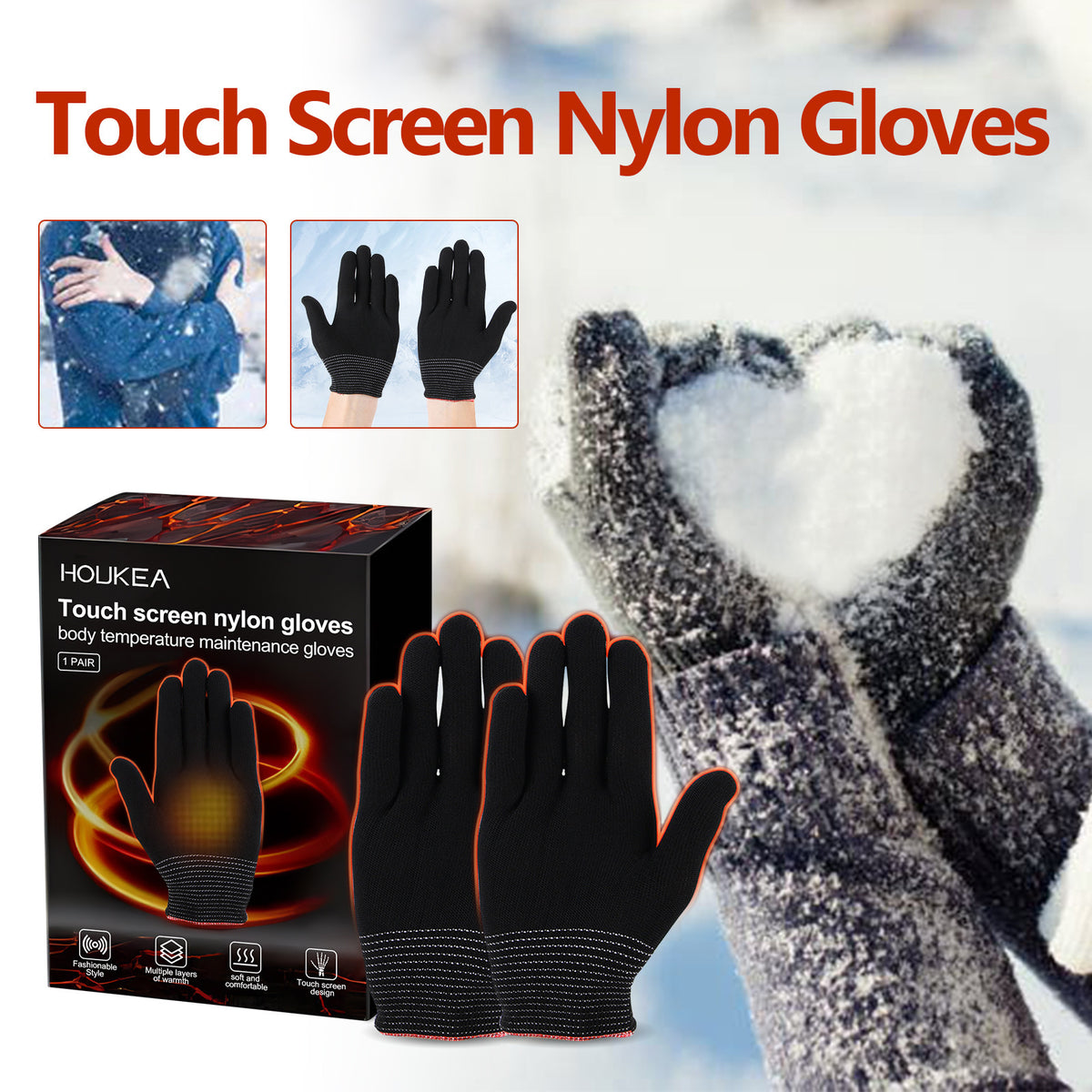 HouKea Touchscreen Nylon Thermal Body Temperature Gloves – 1 Pair.