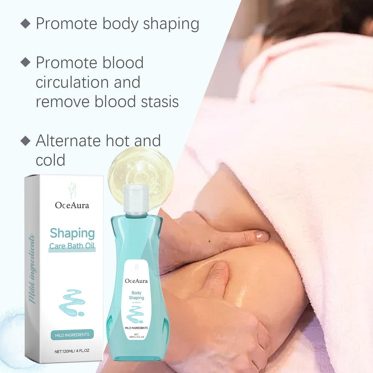 OceAura Body Shower Oil Gentle Body Massage Daily Moisturizing And Firming Skin Skin Care Shower Oil next to its white box