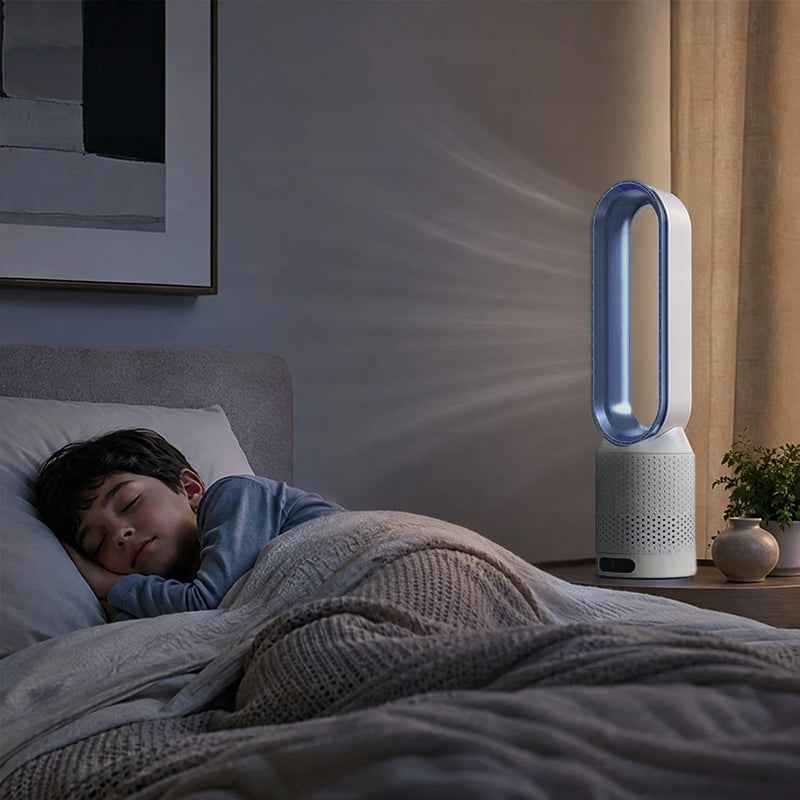 Bladeless Tower Fan with Air Purifier – Ultra-Quiet for Bedroom & Office.