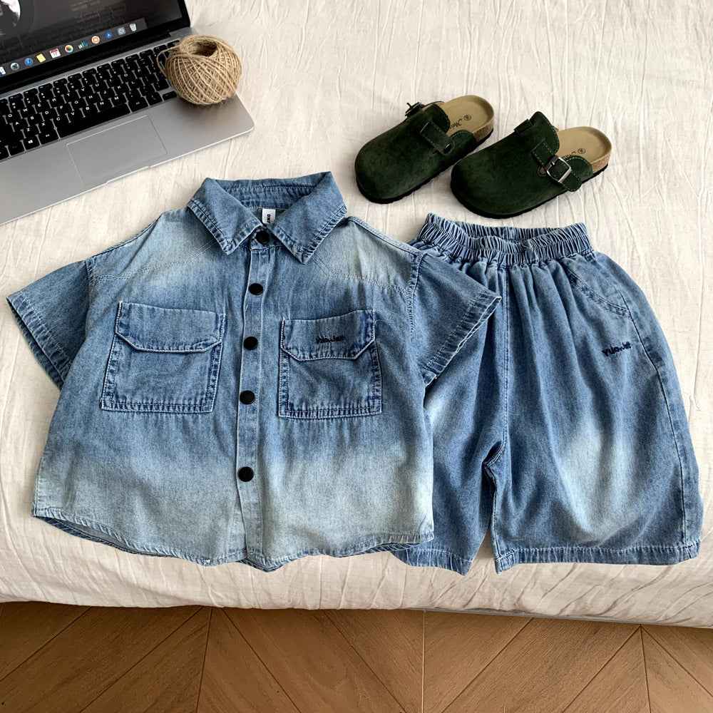 Boys' Denim Short-Sleeve Shirt & Shorts Two-Piece Set.