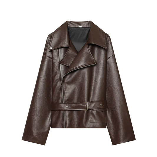 Suit collar long sleeved leather jacket for women