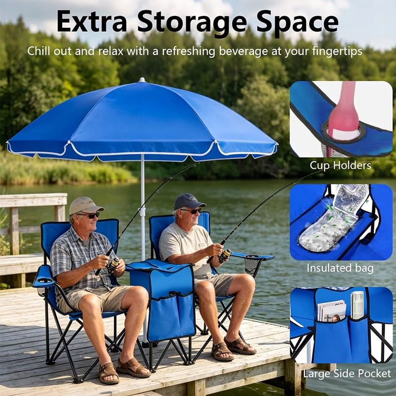 Double Camping Loveseat with Canopy – 600 lb Capacity, Cup Holders & Side Table, Foldable Outdoor Chair for Beach & Park.