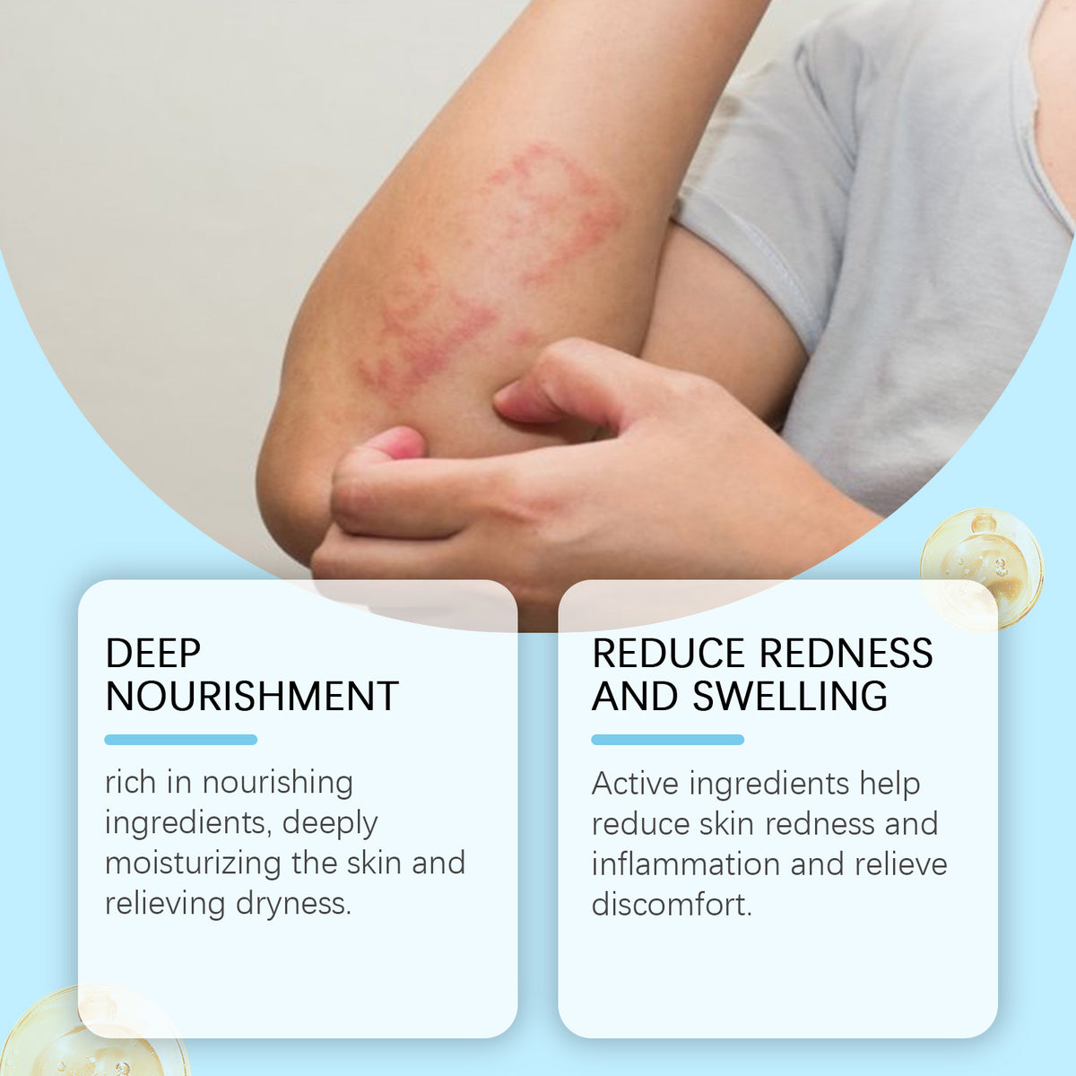 OceAura Skin Repair Cream shown with a soft blue background, two feature cards, and a close-up of an arm with red