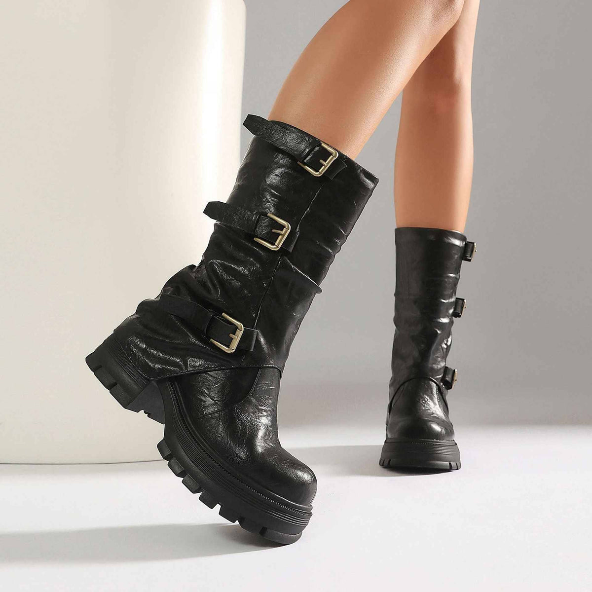 Women's Chunky Heel Short Boots with Belt Buckle Slip-On.