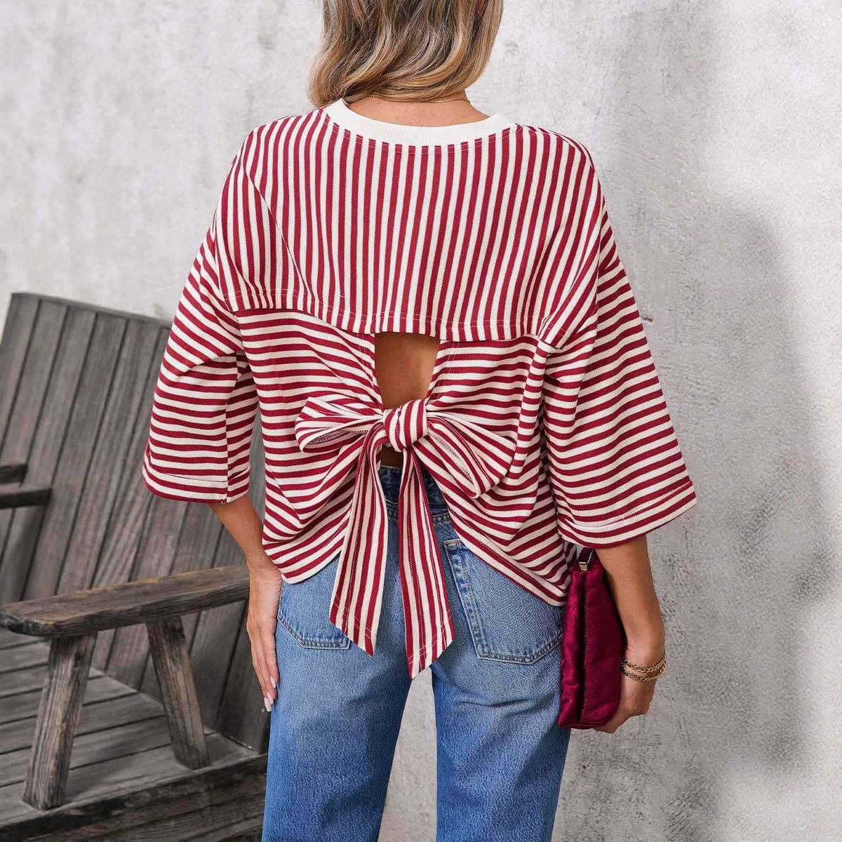 Women's Striped Back Bow Tie Pullover Top.