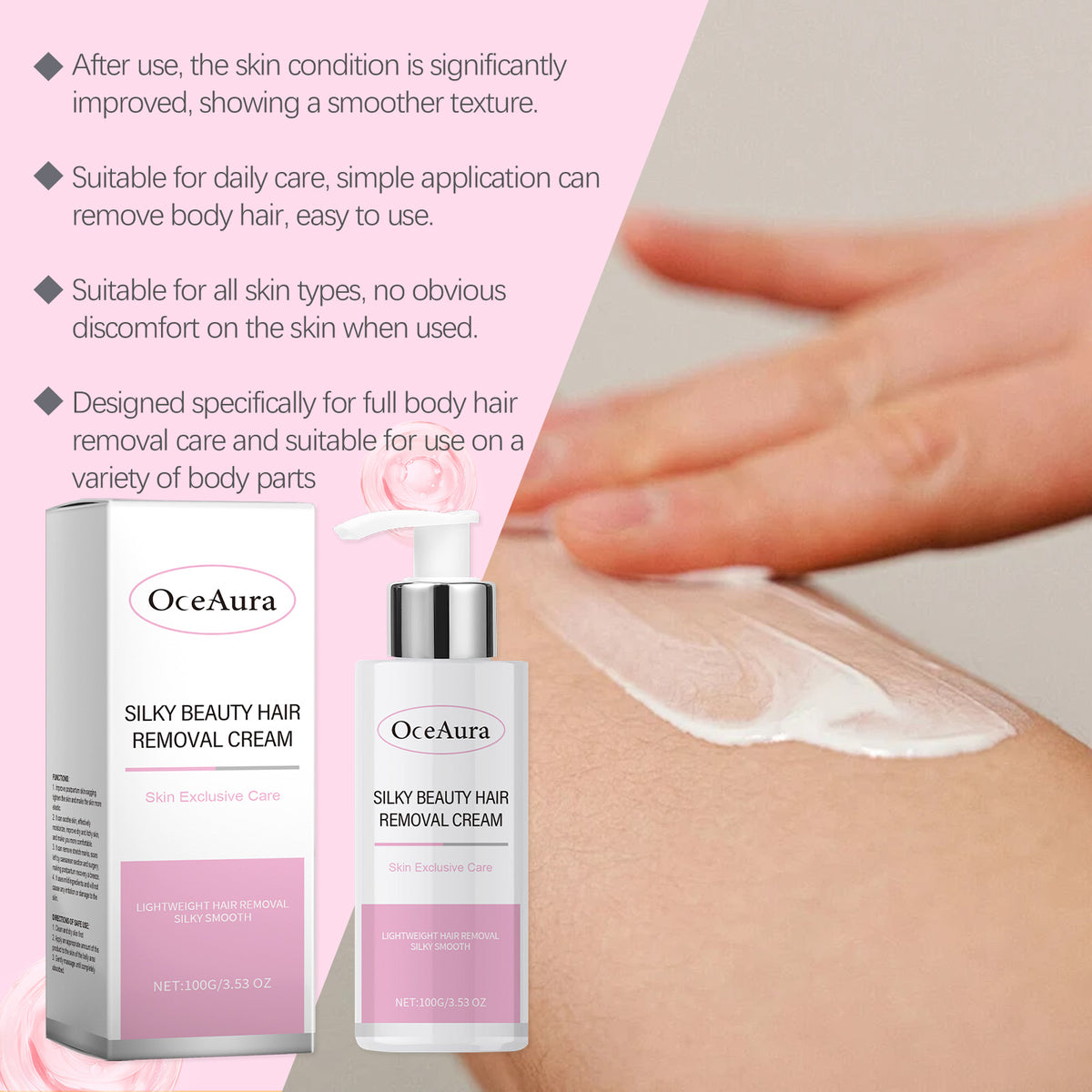 Oceaura Silky Hair Removal Cream for women shown with a pink and white box and a white pump bottle