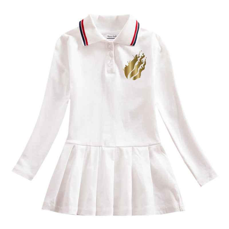 Girls' Long-Sleeve Polo Pleated Dress – Gold Flame Print.