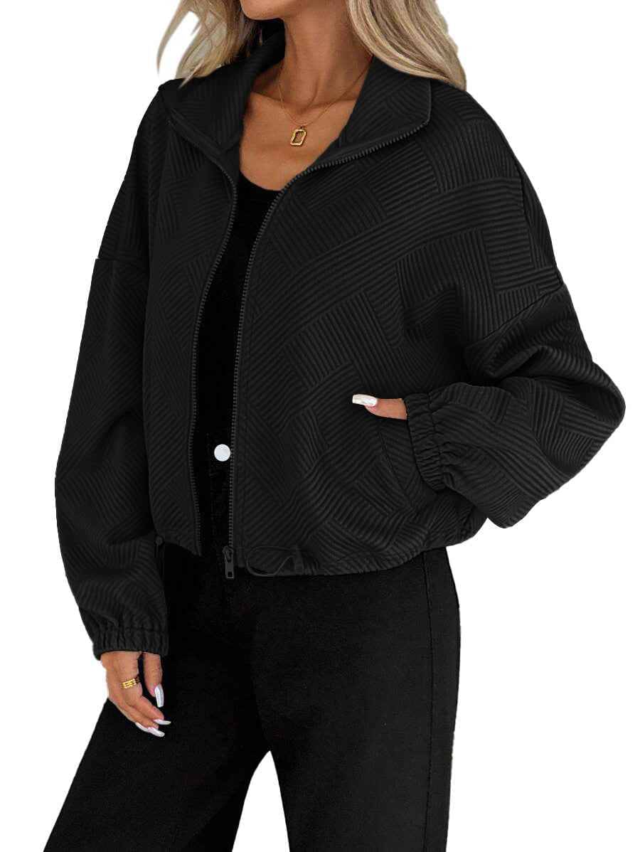 Women's Loose Zip-Up Jacket with Drawstring Hem & Pockets.