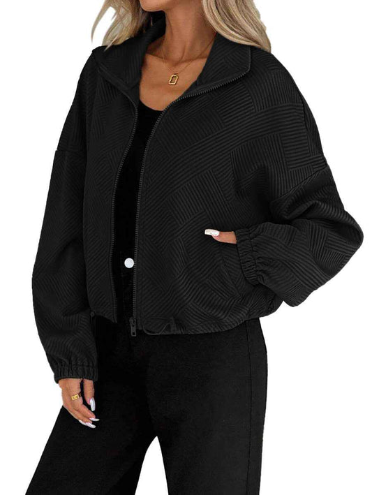 Women's Loose Zip-Up Jacket with Drawstring Hem & Pockets.