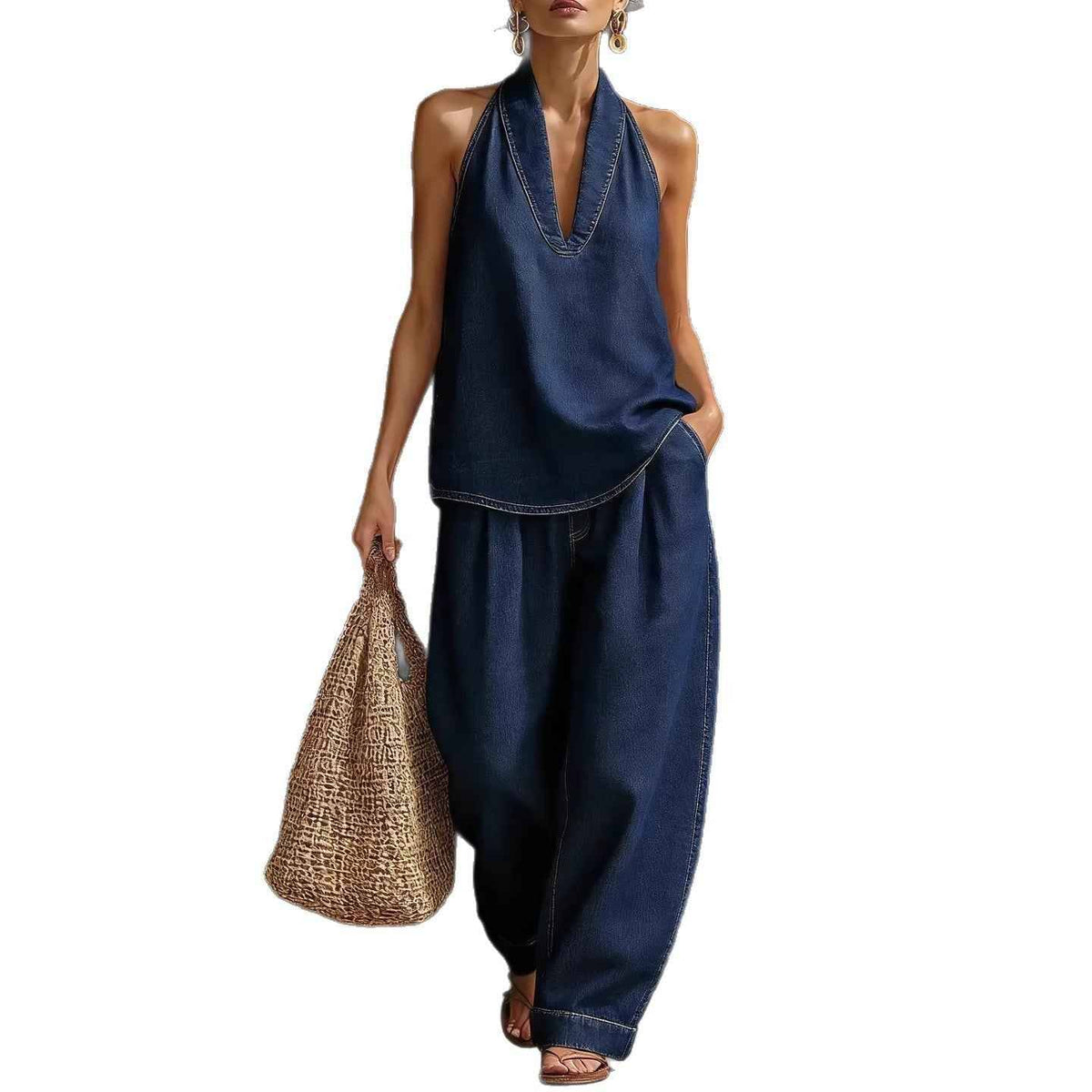 Women's V-Neck Sleeveless Top & Wide Leg Pants Set.