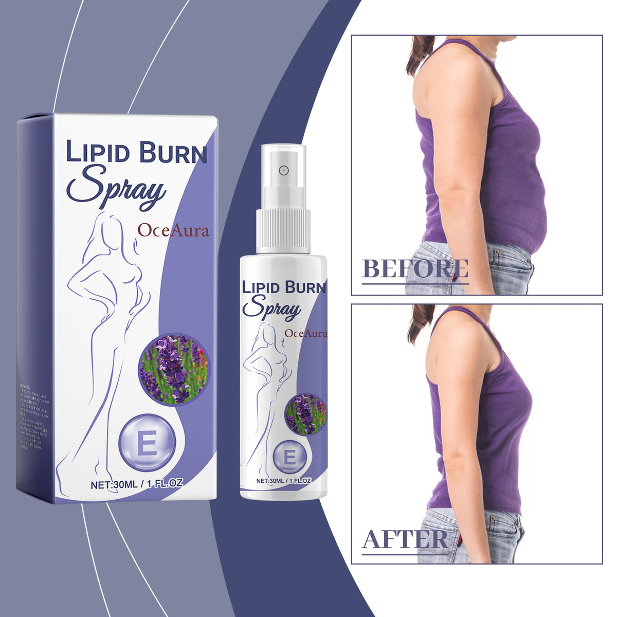 Oceaura Body Sculpting Essence labelled Lipid Burn Spray, shown in a purple and white box beside its bottle