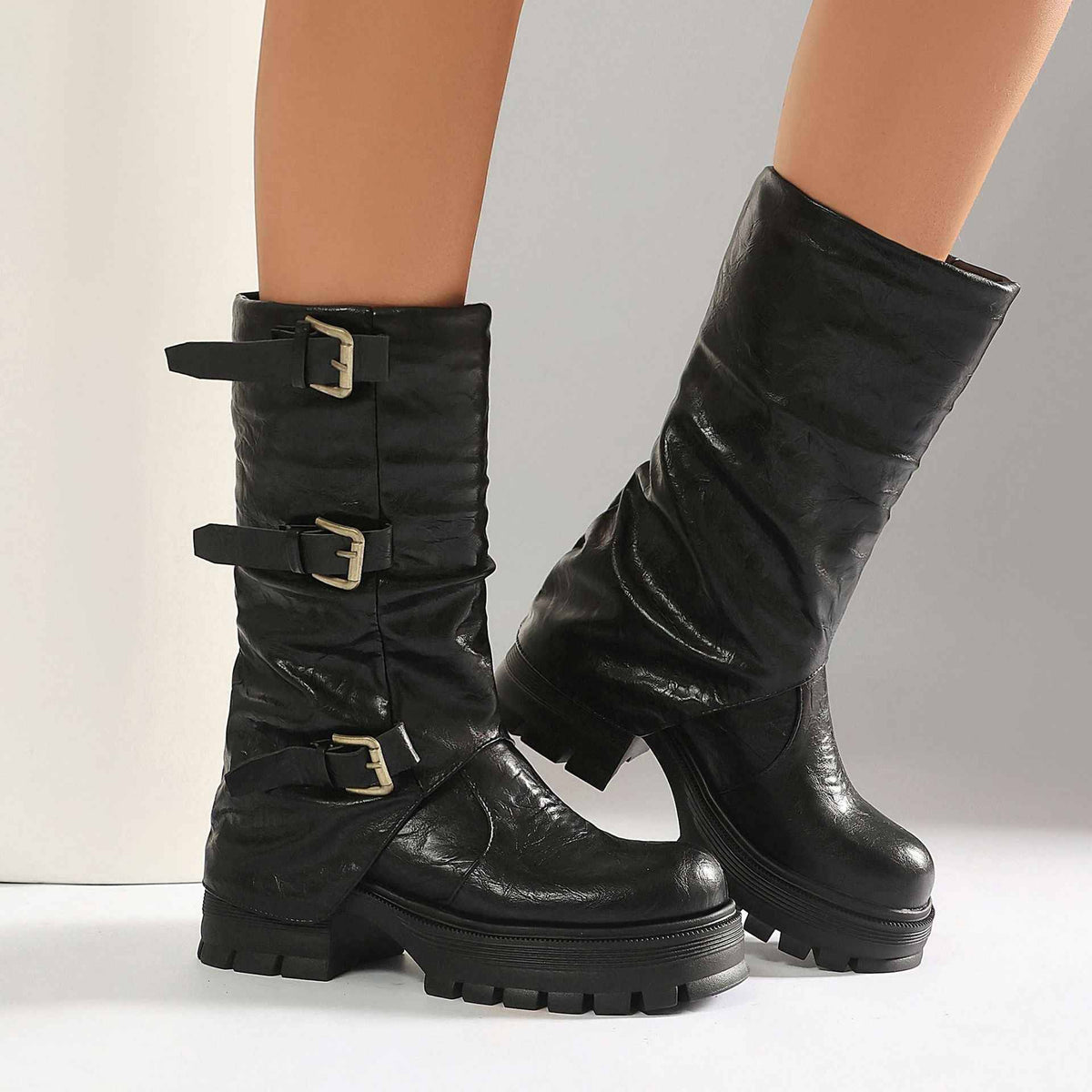Women's Chunky Heel Short Boots with Belt Buckle Slip-On.