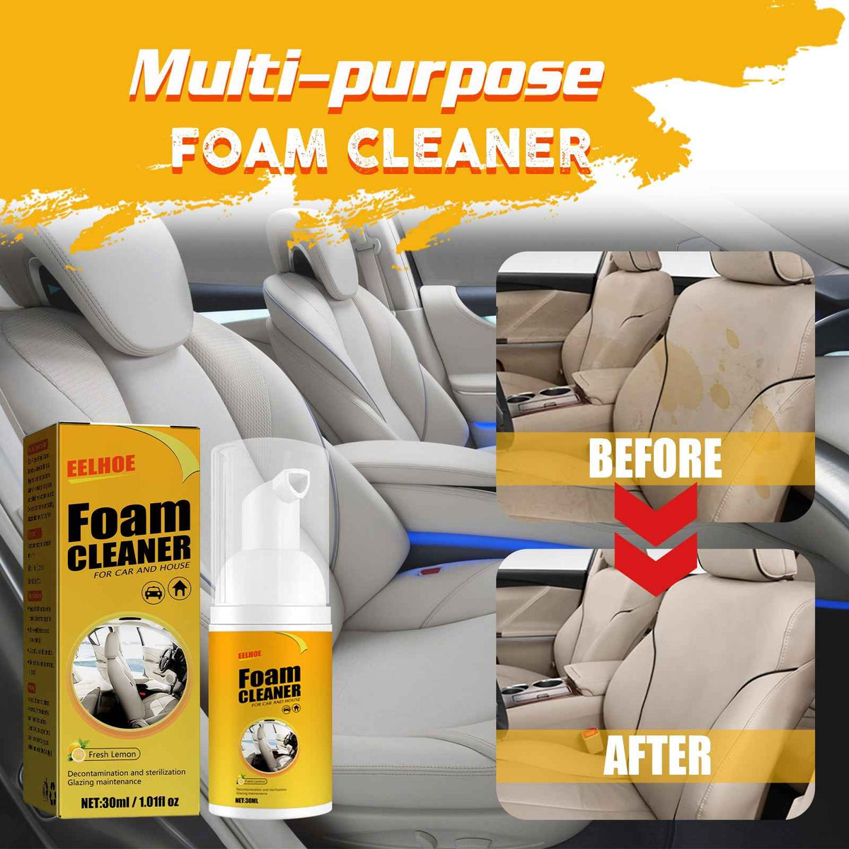 Foam Cleaner, Leather Seat Supplies Decontamination Multi-Functional Interior Cleaner.