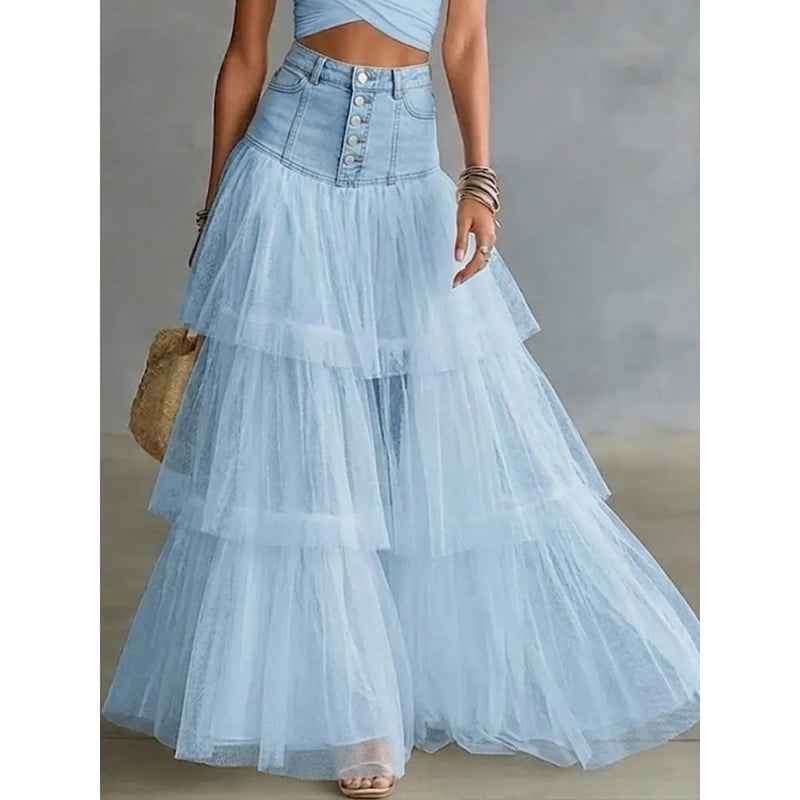 Women's Denim Patchwork Mesh Swing Skirt.