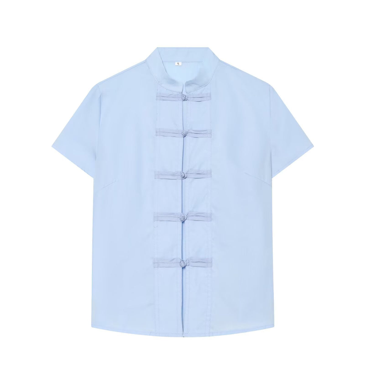 Knot buckle short sleeved stand up collar shirt for women