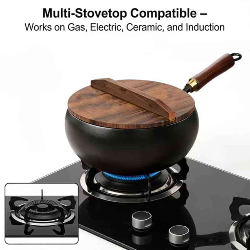 Hand-Forged Iron Wok 24/28cm Uncoated with Wood Lid for Induction Gas.