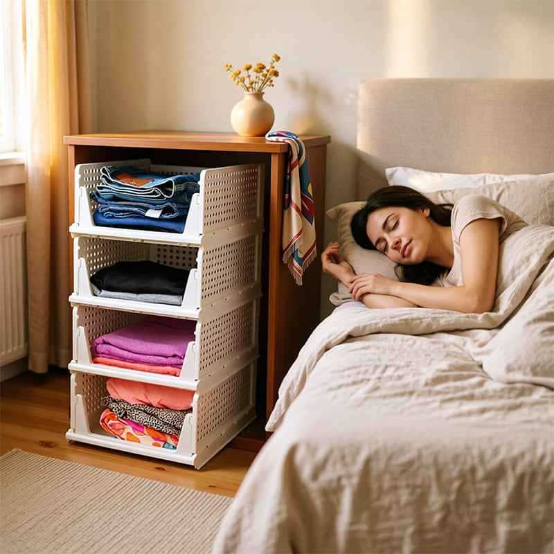 4 Pack Plastic Closet Organizer Bins, Stackable Foldable Storage Baskets with Slide-Out Rails for Clothes, Toys, T-Shirts.