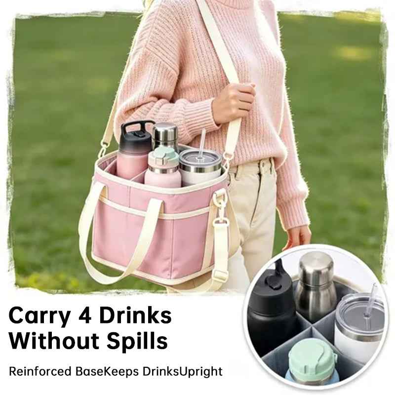 4-Compartment Leakproof Drink Carrier Bag – Adjustable Strap Beverage Holder for Car & Travel.
