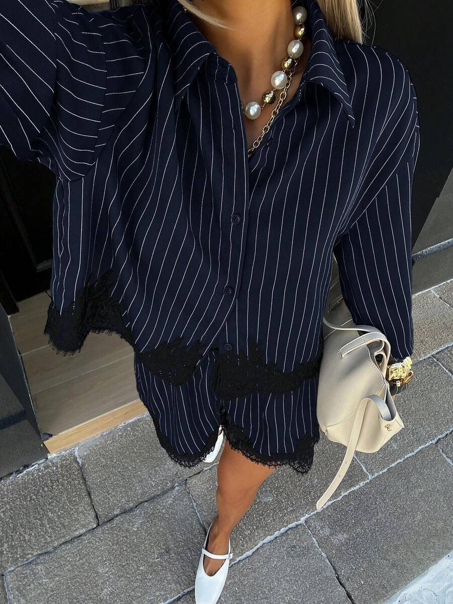 Women's Striped Shirt & Drawstring Shorts Set.