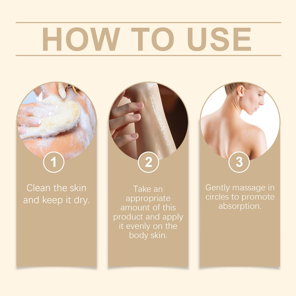 Oceaura Body Frankincense Care Essential Oil applied to a woman's shoulder in three steps: clean, apply evenly