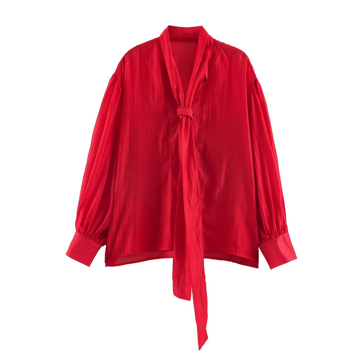 Loose bow silk satin texture long sleeved shirt for women