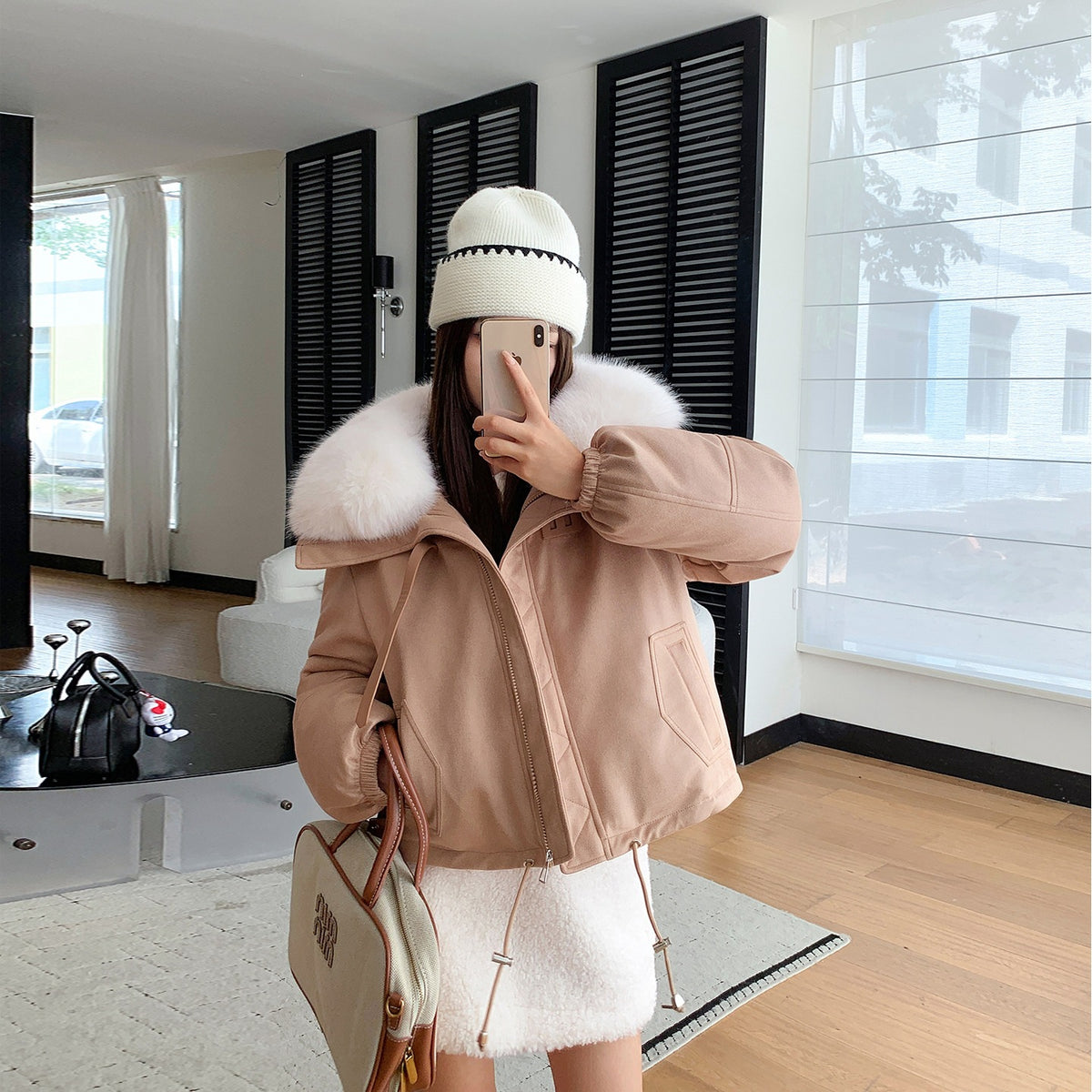 Women's Faux Suede Quilted Jacket Large Fur Collar Loose Fit Cropped PU Winter Coat