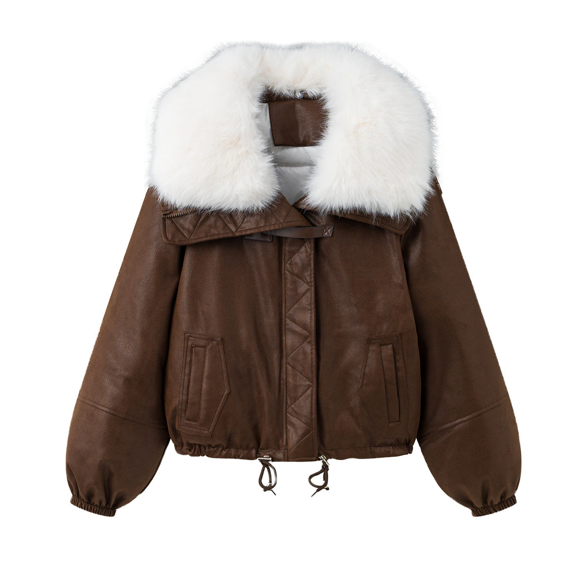 Women's Faux Suede Quilted Jacket Large Fur Collar Loose Fit Cropped PU Winter Coat
