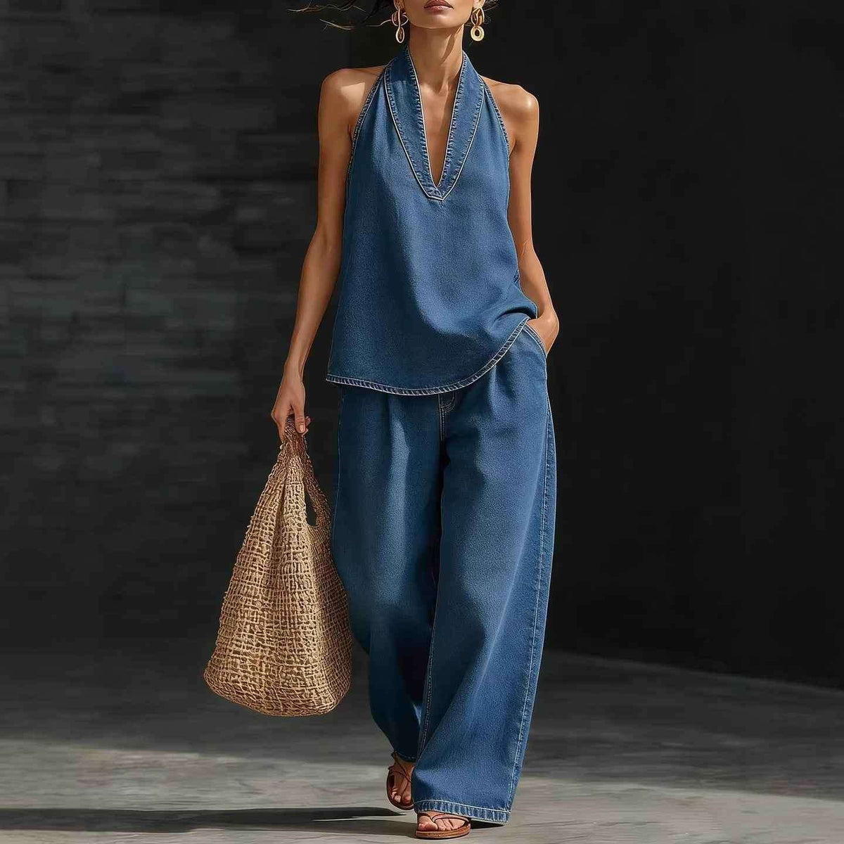 Women's V-Neck Sleeveless Top & Wide Leg Pants Set.
