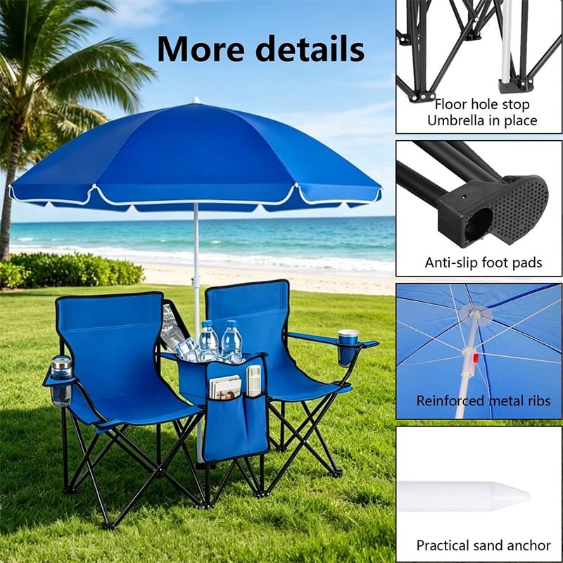 Double Camping Loveseat with Canopy – 600 lb Capacity, Cup Holders & Side Table, Foldable Outdoor Chair for Beach & Park.