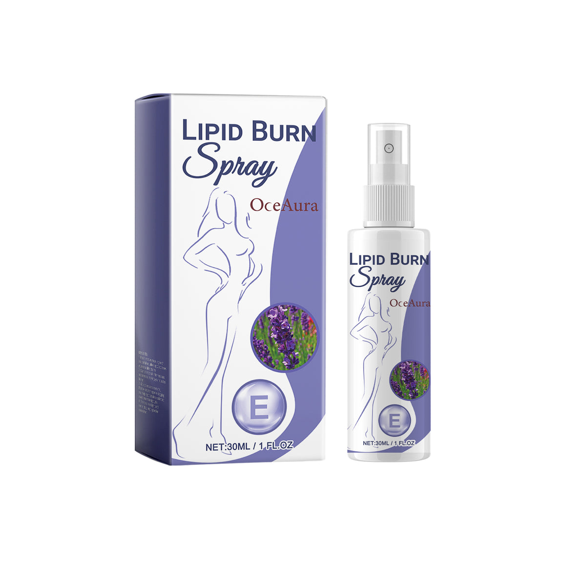 Oceaura Body Sculpting Essence in a white and lavender box beside its spray bottle, with a lavender floral emblem