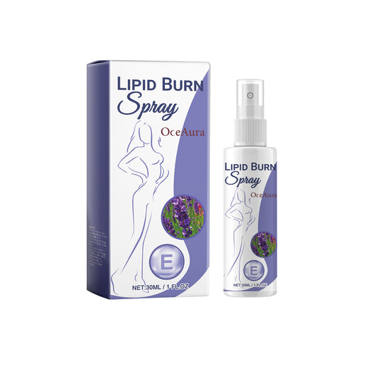 Oceaura Body Sculpting Essence in a white and lavender box beside its spray bottle, with a lavender floral emblem