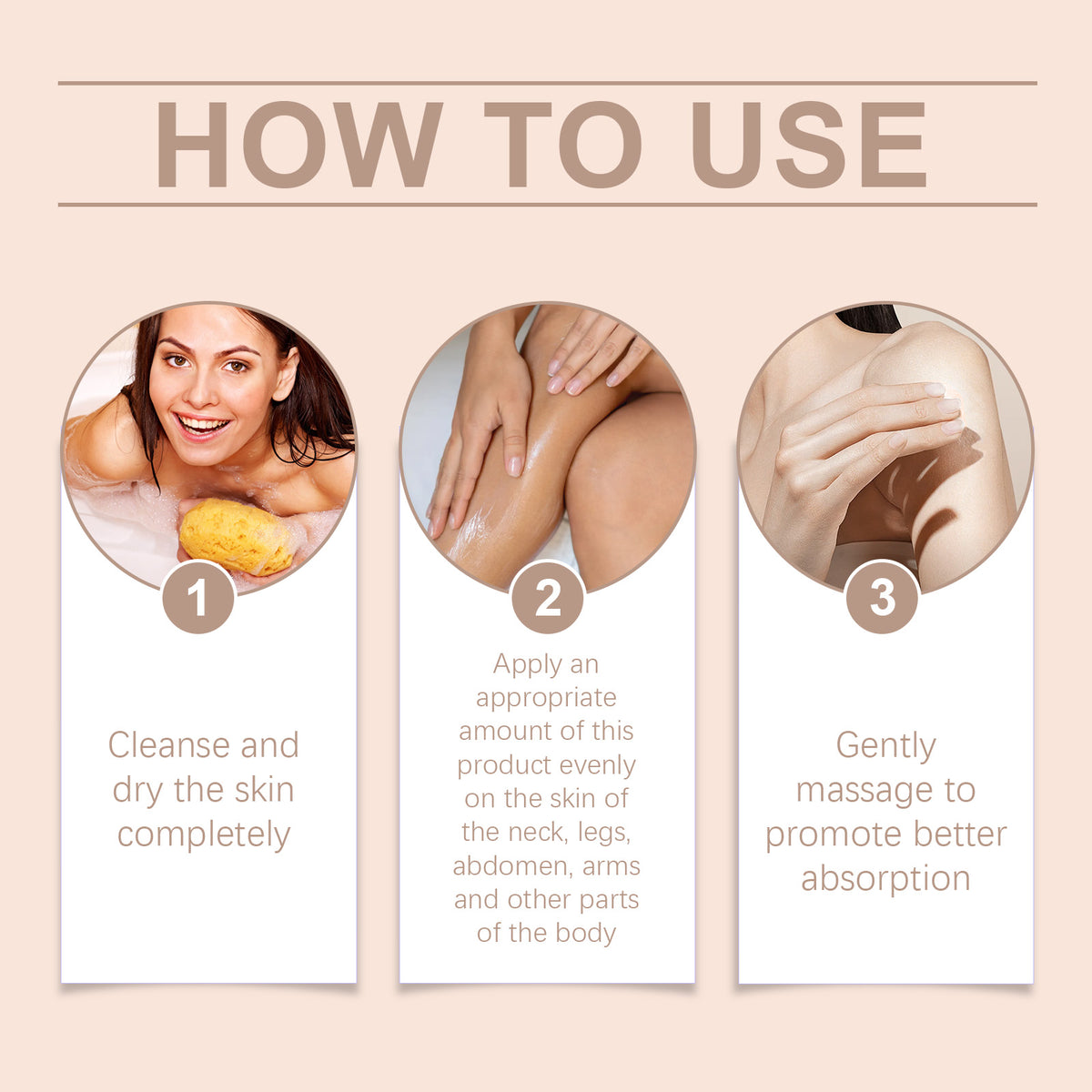 OceAura Shea Butter Moisturizer Daily instructions shown in three steps: cleanse, apply to neck and legs, then massage in