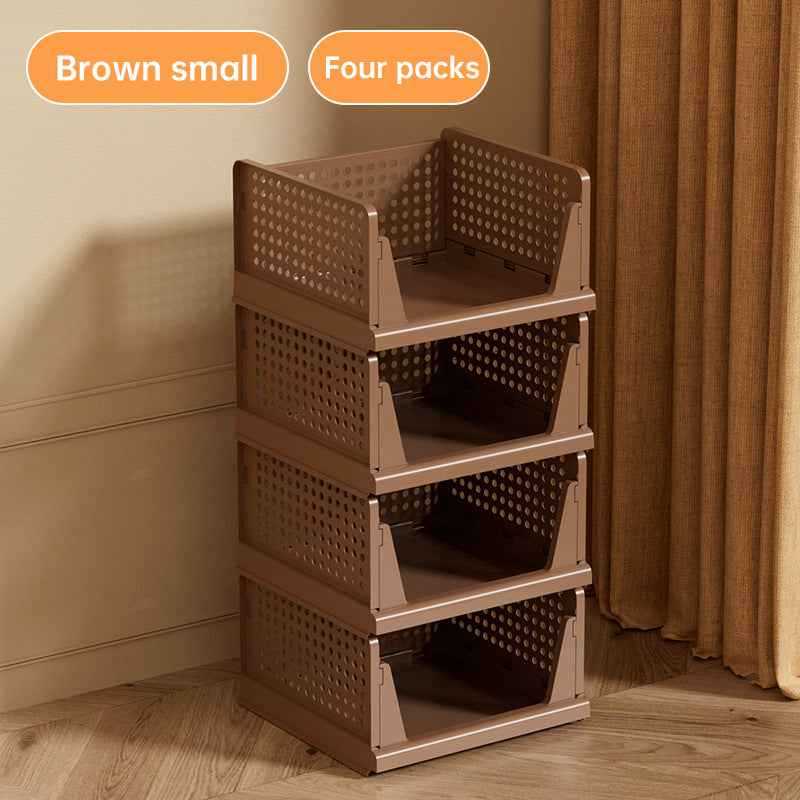 4 Pack Plastic Closet Organizer Bins, Stackable Foldable Storage Baskets with Slide-Out Rails for Clothes, Toys, T-Shirts.