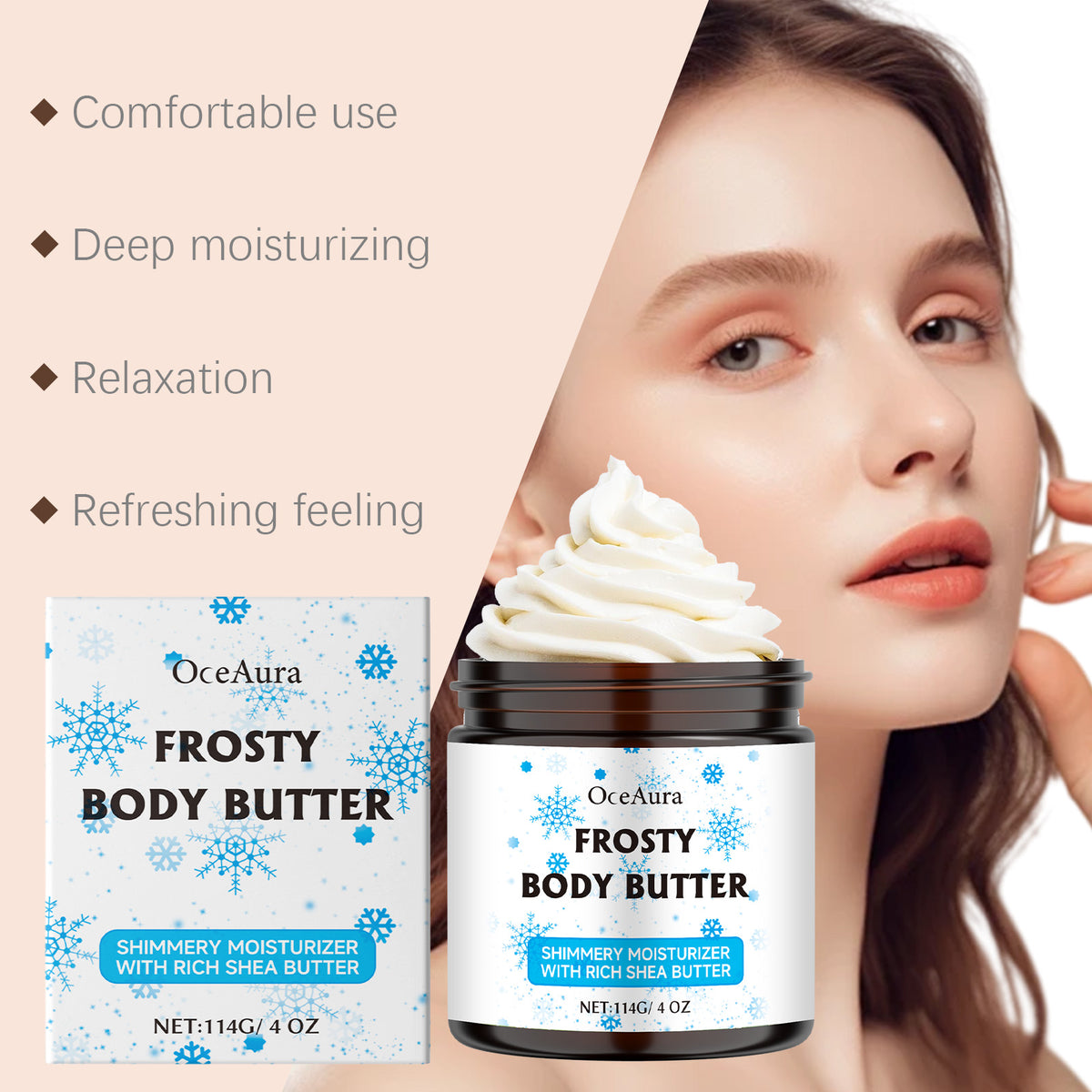OceAura Shea Butter Moisturizer daily body lotion in a frosty white jar with blue snowflake box, beside a woman's face