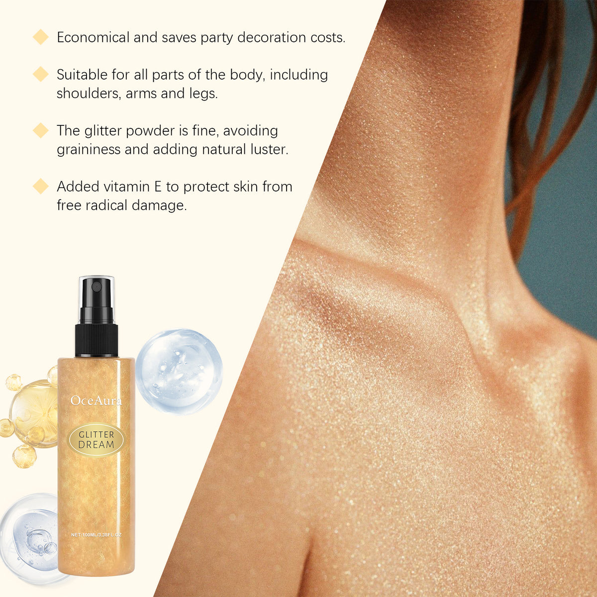 OceAura Body Glitter Spray with a gold shimmer bottle labelled Glitter Dream