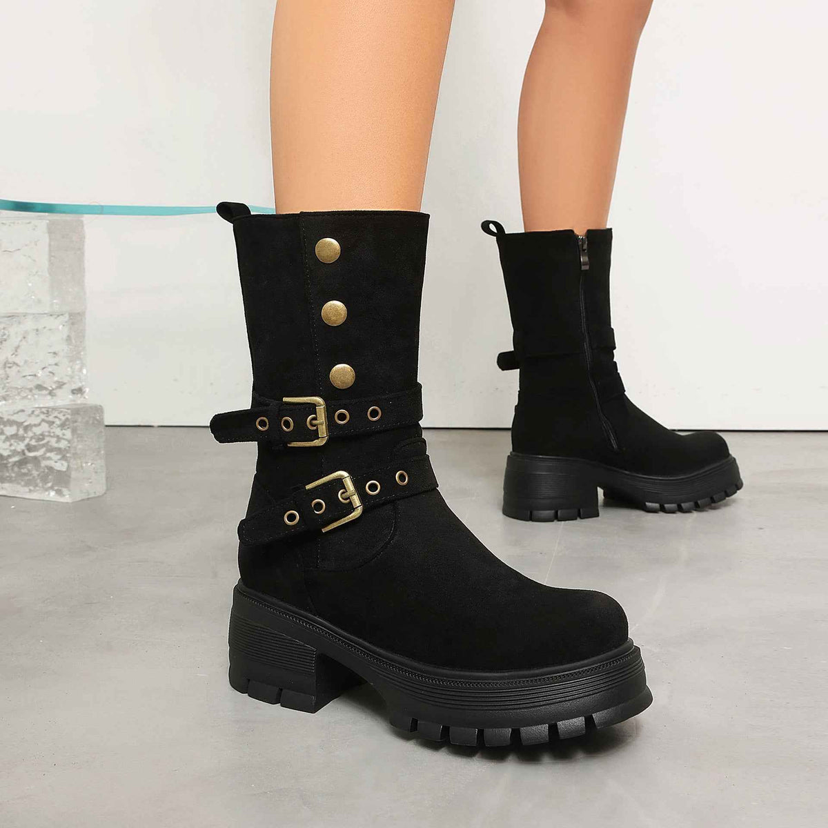 Women's Thick Sole High Heel Ankle Boots with Belt Buckle.