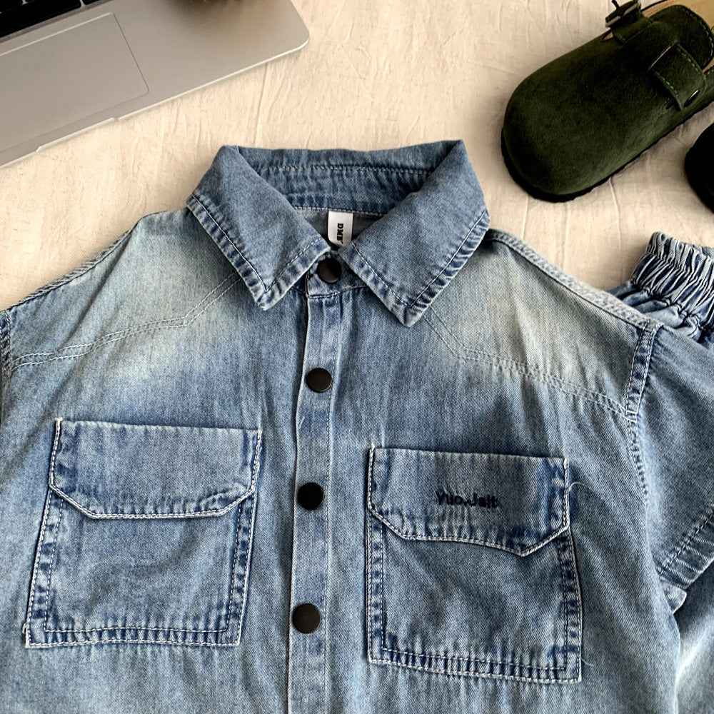 Boys' Denim Short-Sleeve Shirt & Shorts Two-Piece Set.