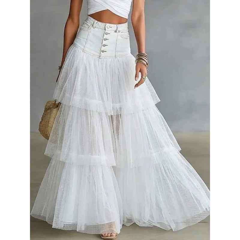 Women's Denim Patchwork Mesh Swing Skirt.