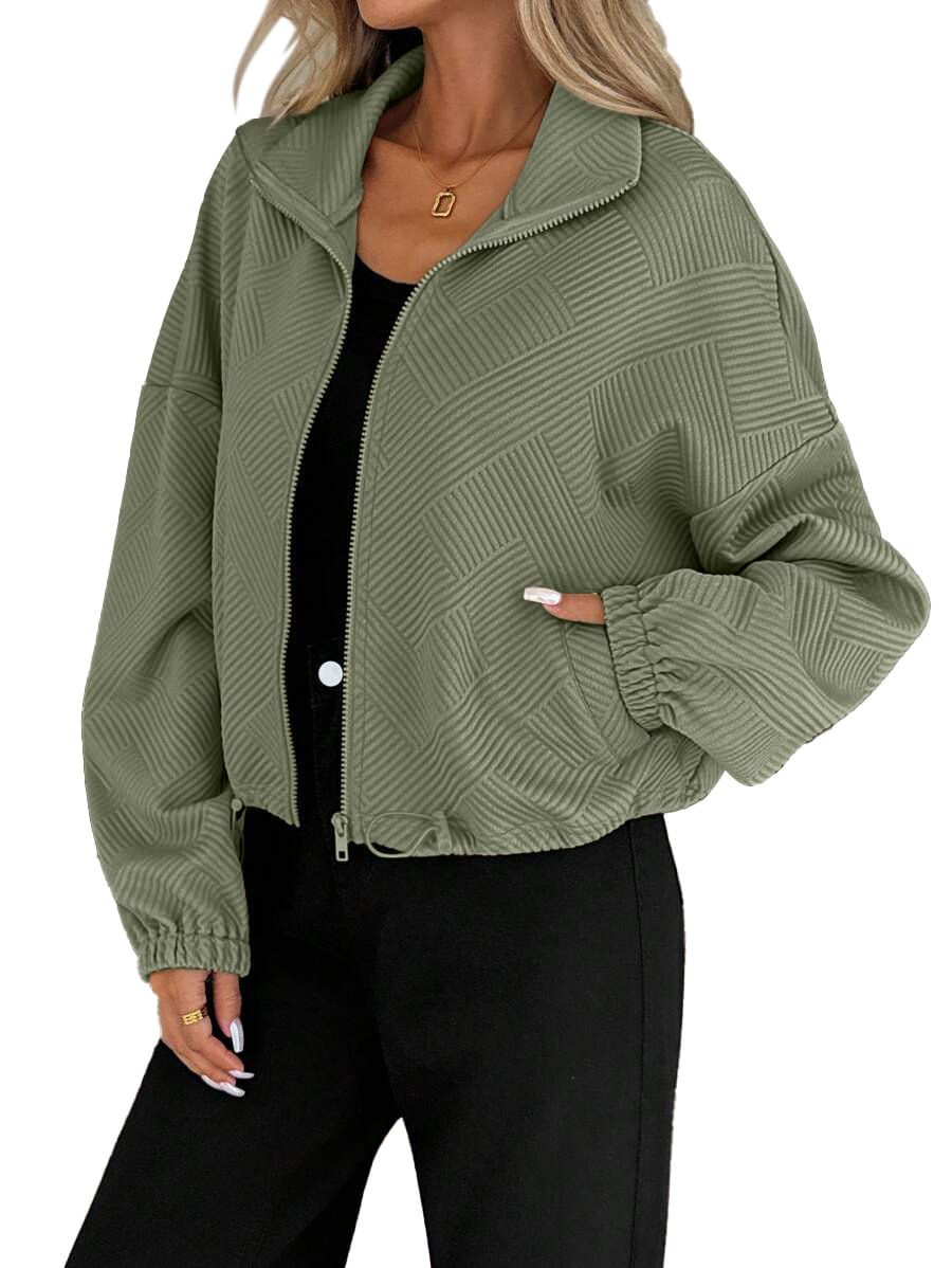 Women's Loose Zip-Up Jacket with Drawstring Hem & Pockets.