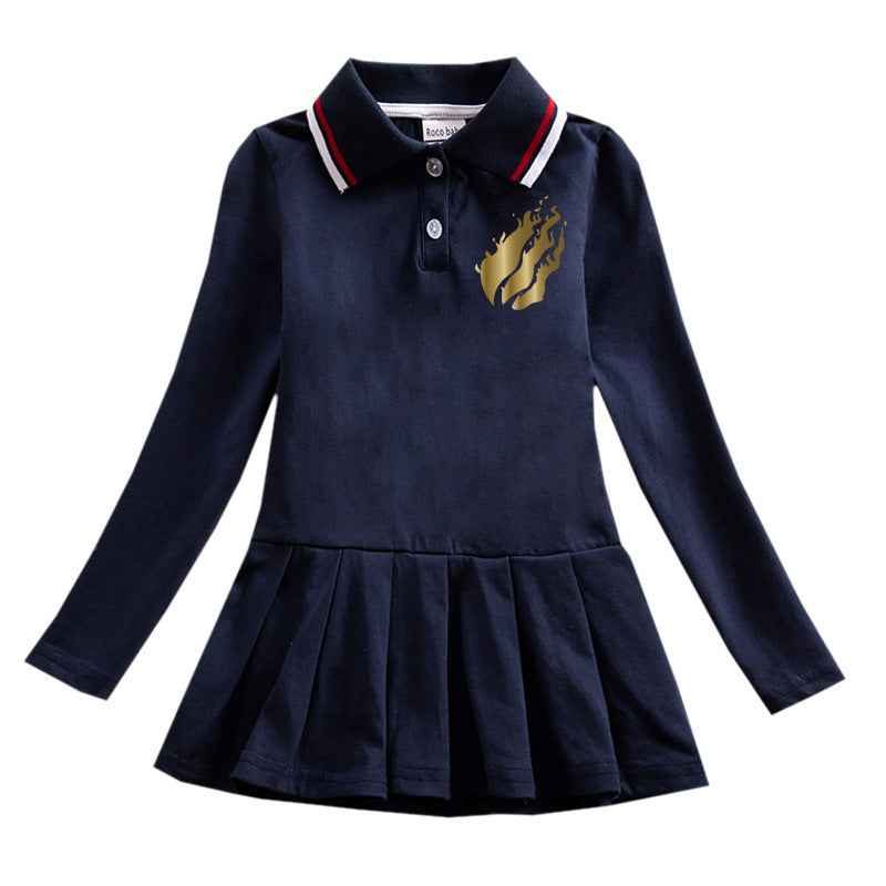 Girls' Long-Sleeve Polo Pleated Dress – Gold Flame Print.