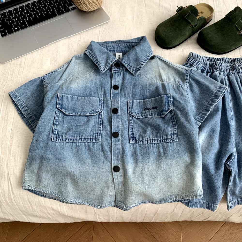 Boys' Denim Short-Sleeve Shirt & Shorts Two-Piece Set.